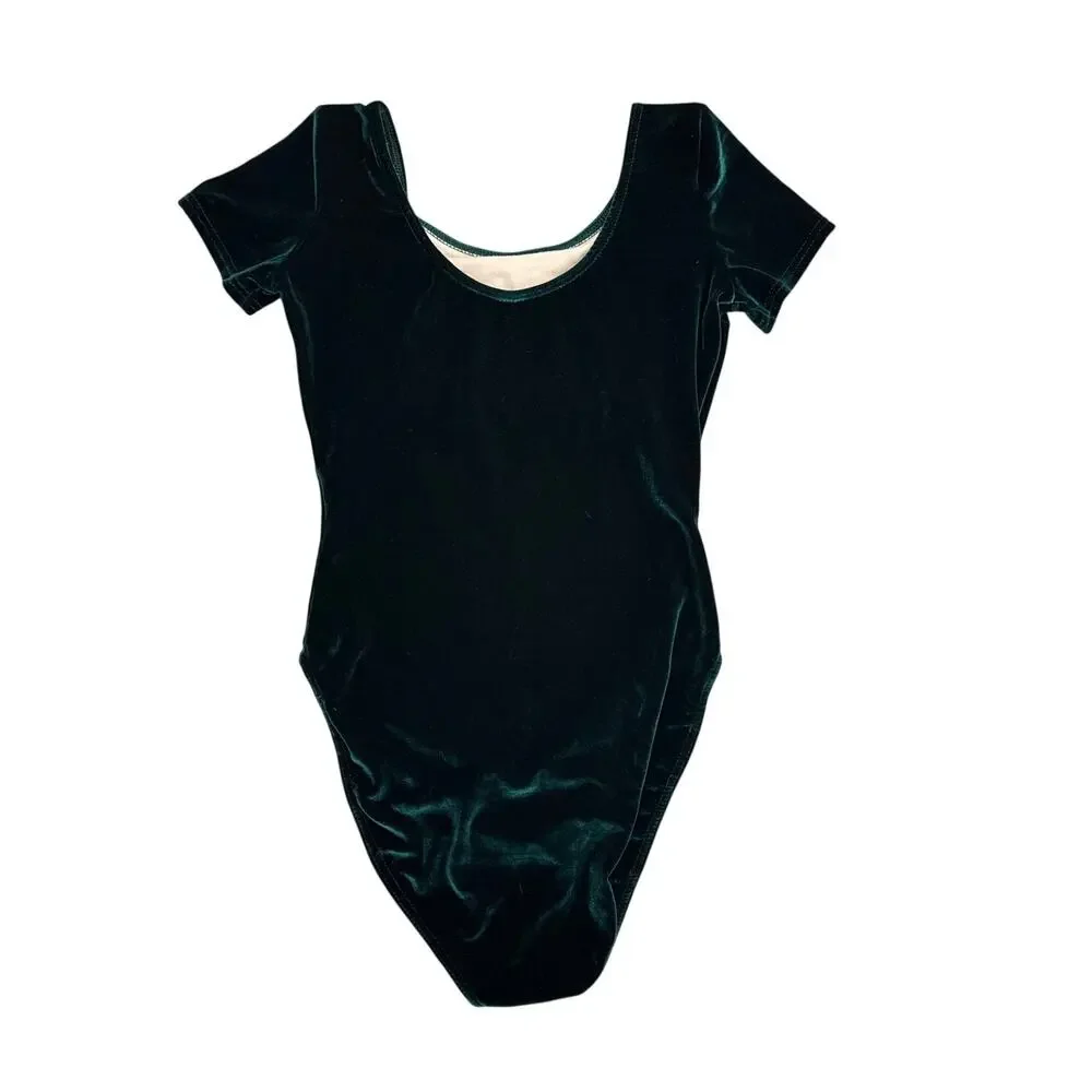Capezio Short Sleeve Green Velvet One Piece Leotard Bodysuit Size Girl's Large
